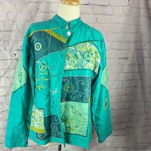 vintage Coldwater Creek Teal Patchwork applique lace Jacket sz large boho granny